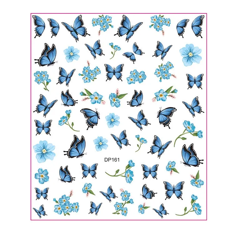 1pc Holographic Blue Nail Stickers Pink Colorful Butterfly Art Sticker With Adhesive DIY Extension Flowers Rose Nail Decoration-Nail Inspo