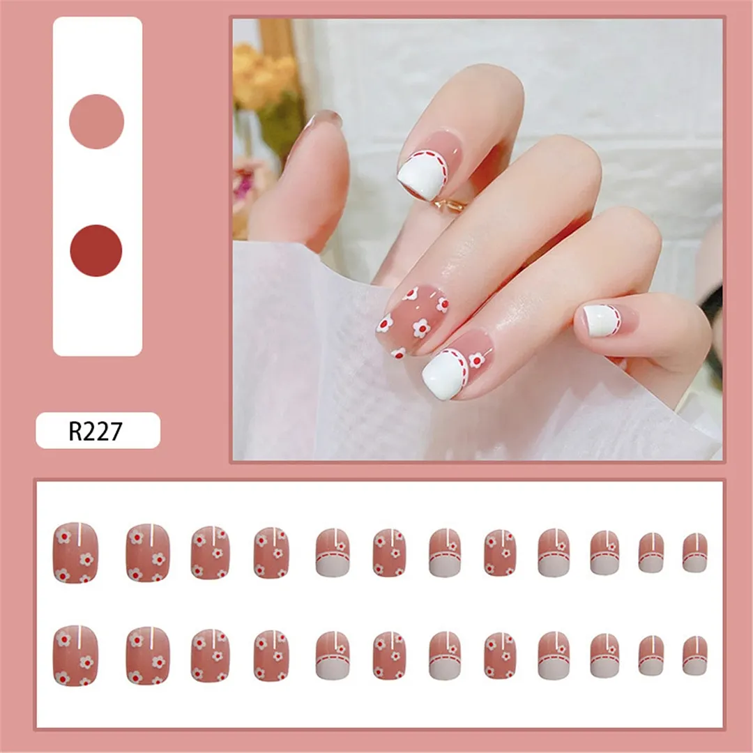 24pcs/box Fake Nails With Glue Yellow Flower Printed Type Short Paragraph Fashion Manicure Press On False Nails Gifts For Girls-Nail Inspo