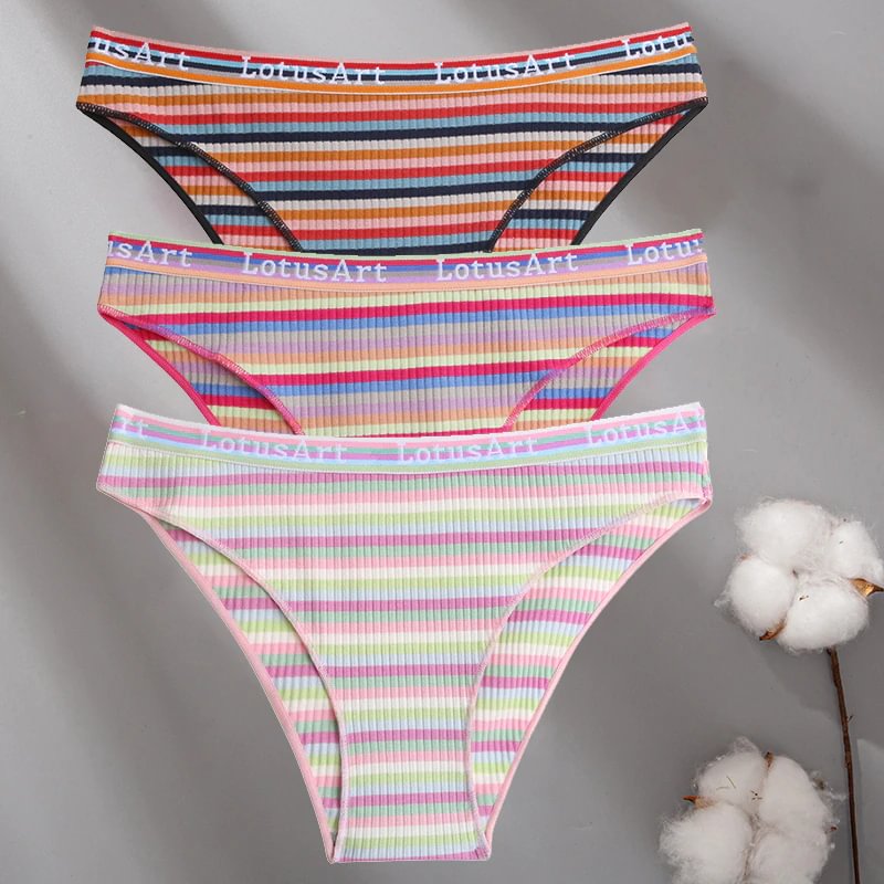 Billionm Women Cotton Colorful Stripe Panties Sexy Intimate Underwear Female Soft Solid Briefs Low Waist Underpant Soft Lingerie
