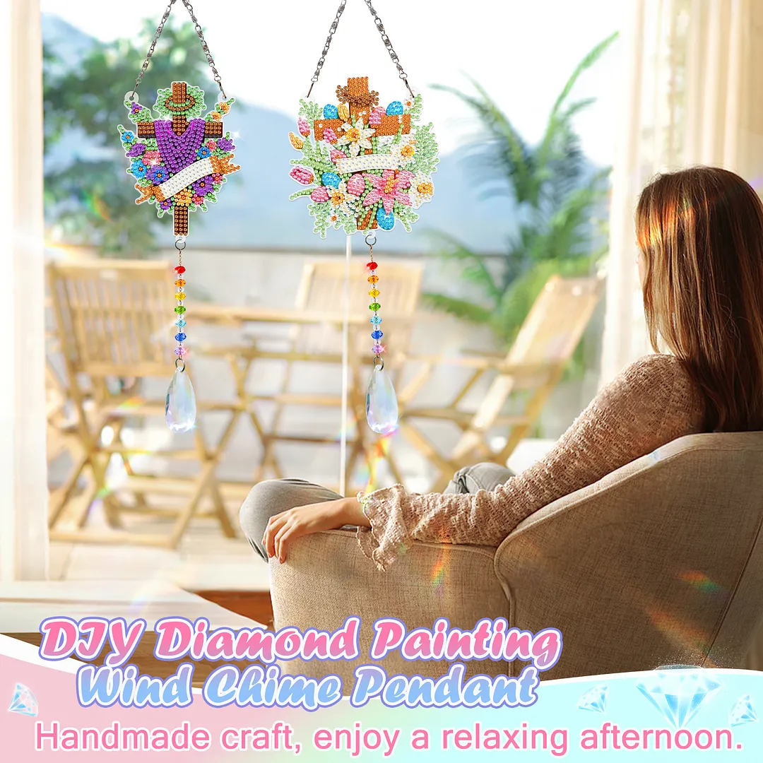 2Pcs Cross Faith DIY Acrylic Diamond Painting Art Wind Chimes with Crystal Pendant Diamond Art Hanging Pendant Double-Sided for Adults Beginners Gift Home Garden Decor