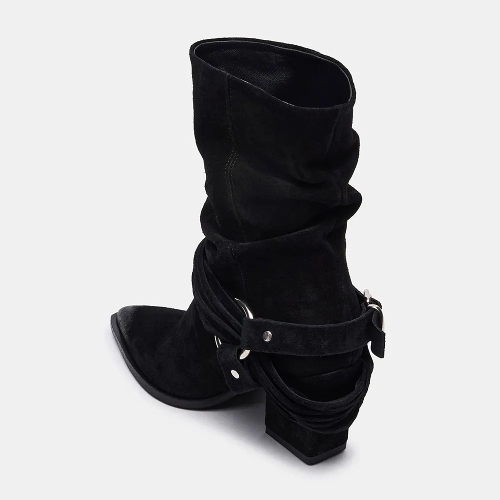 Classic Black Pointed Toe Chunky Heel Buckle Short Boots for Women
