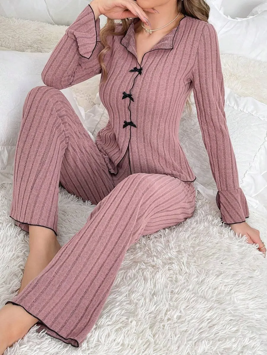Churchf Pajamas Women Simple Fashion Collar Casual Bow Long Sleeve Trousers Homewear Suit Women