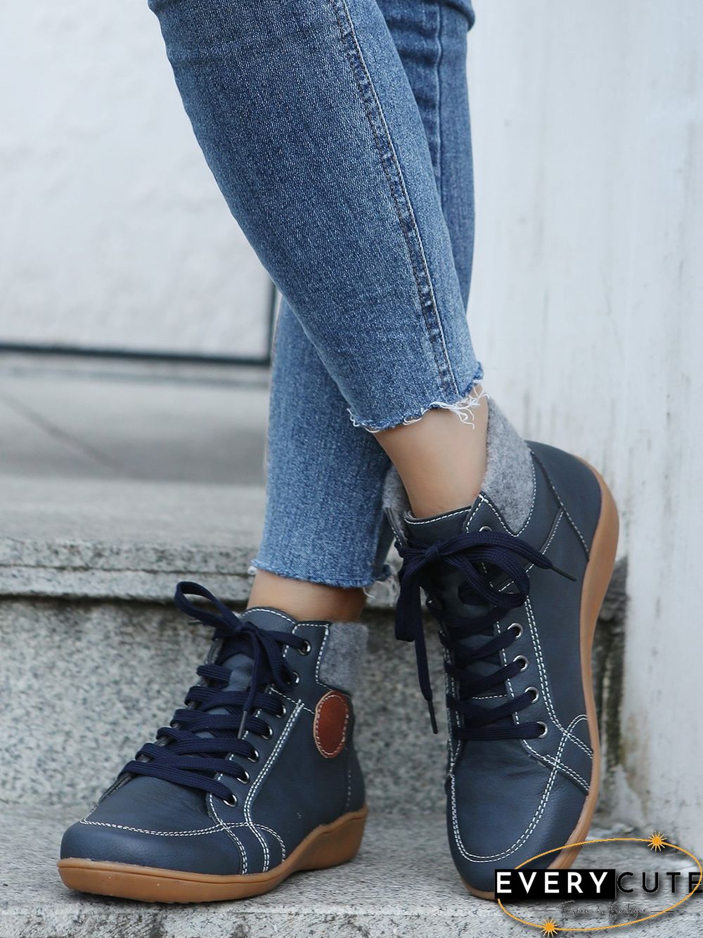 PU Leather Suede Panel Casual Short Boots