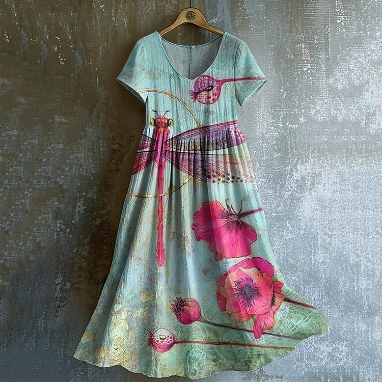 Women's Vintage Dragonfly Floral Art Cotton And Linen Dress