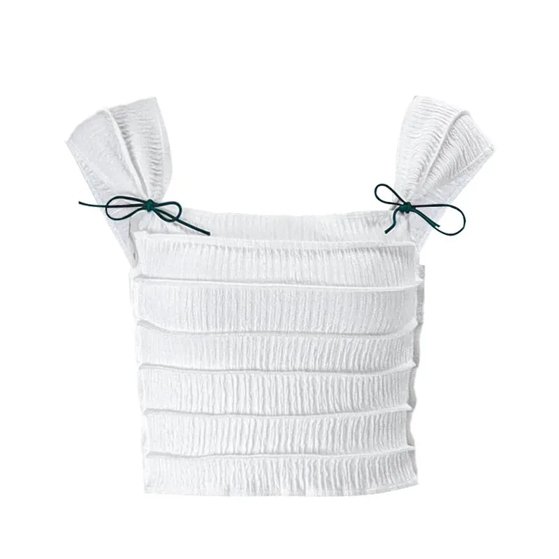 Uveng Uveng Summer Fashion Sexy Crop Square Collar Stripe Pleated Slim Short Sleeveless Vest