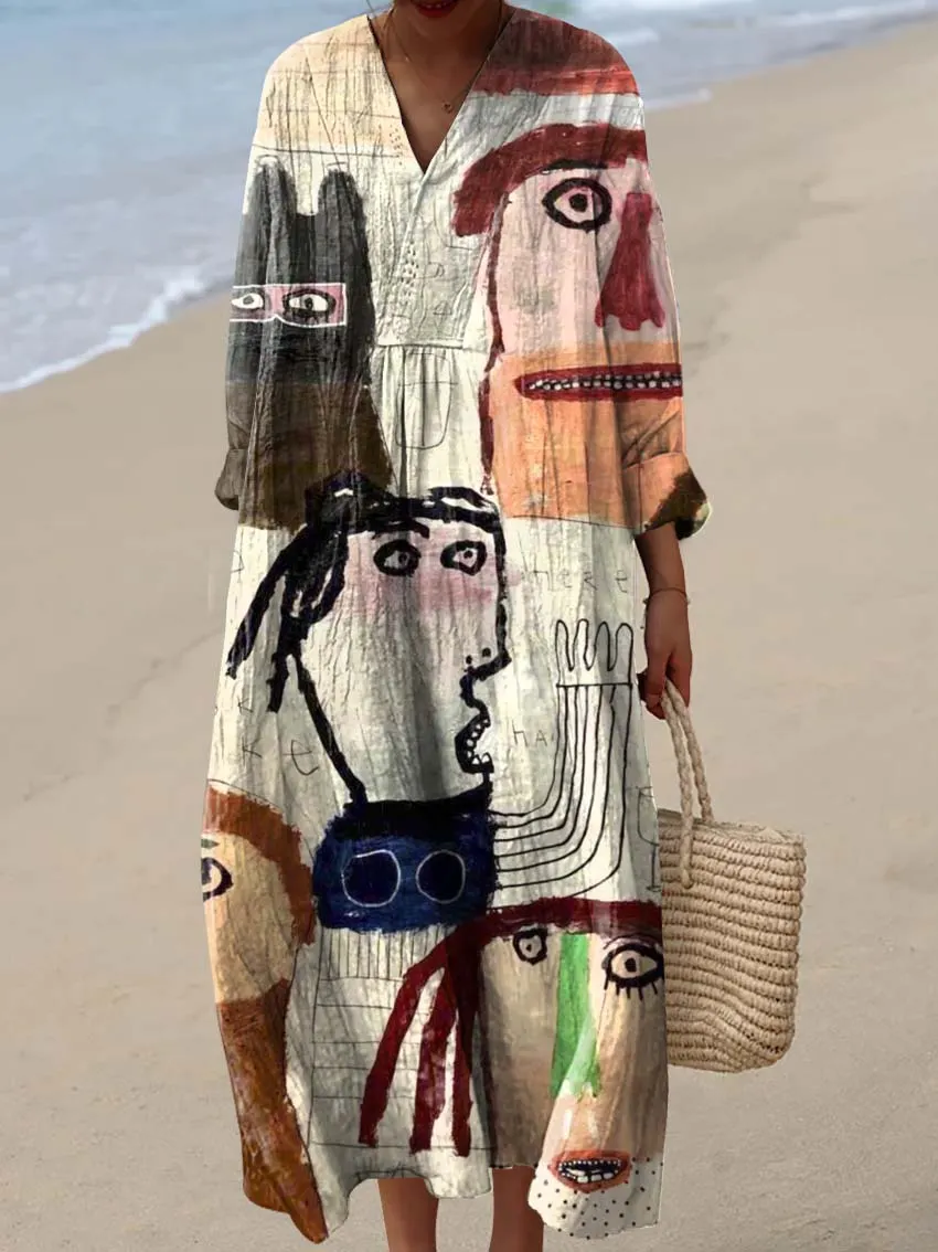 Women's Abstract Figure Pattern Art Print Cotton Dress