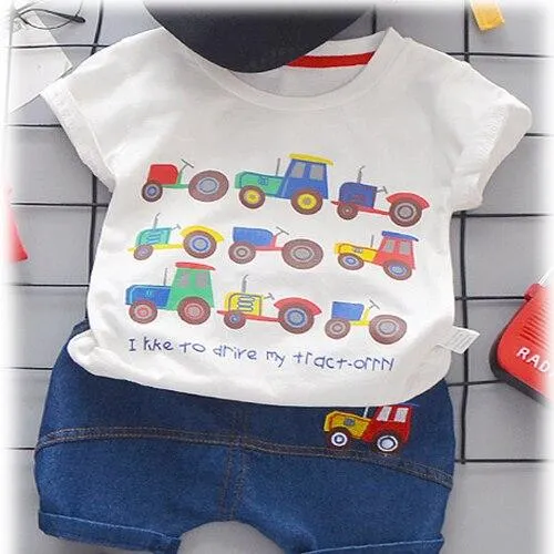 Toddler Baby Boy Clothes Summer Set Kid Boys Set Short Sleeve Car Print T shirt Soft Denim Infant Children Clothing Outfit