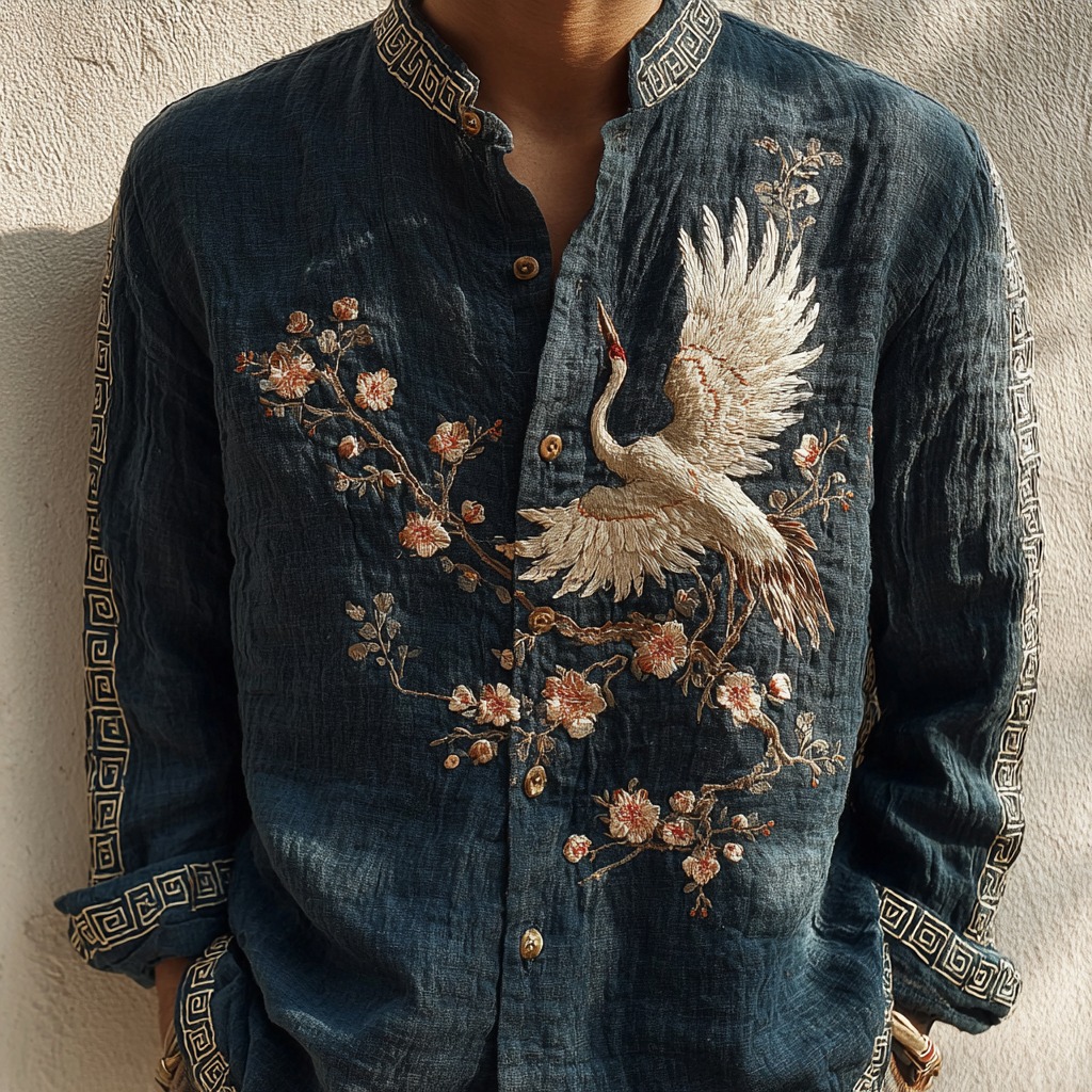 Men's Japanese Sakura And Crane Artistic Casual Long-sleeve Shirt elevenforest