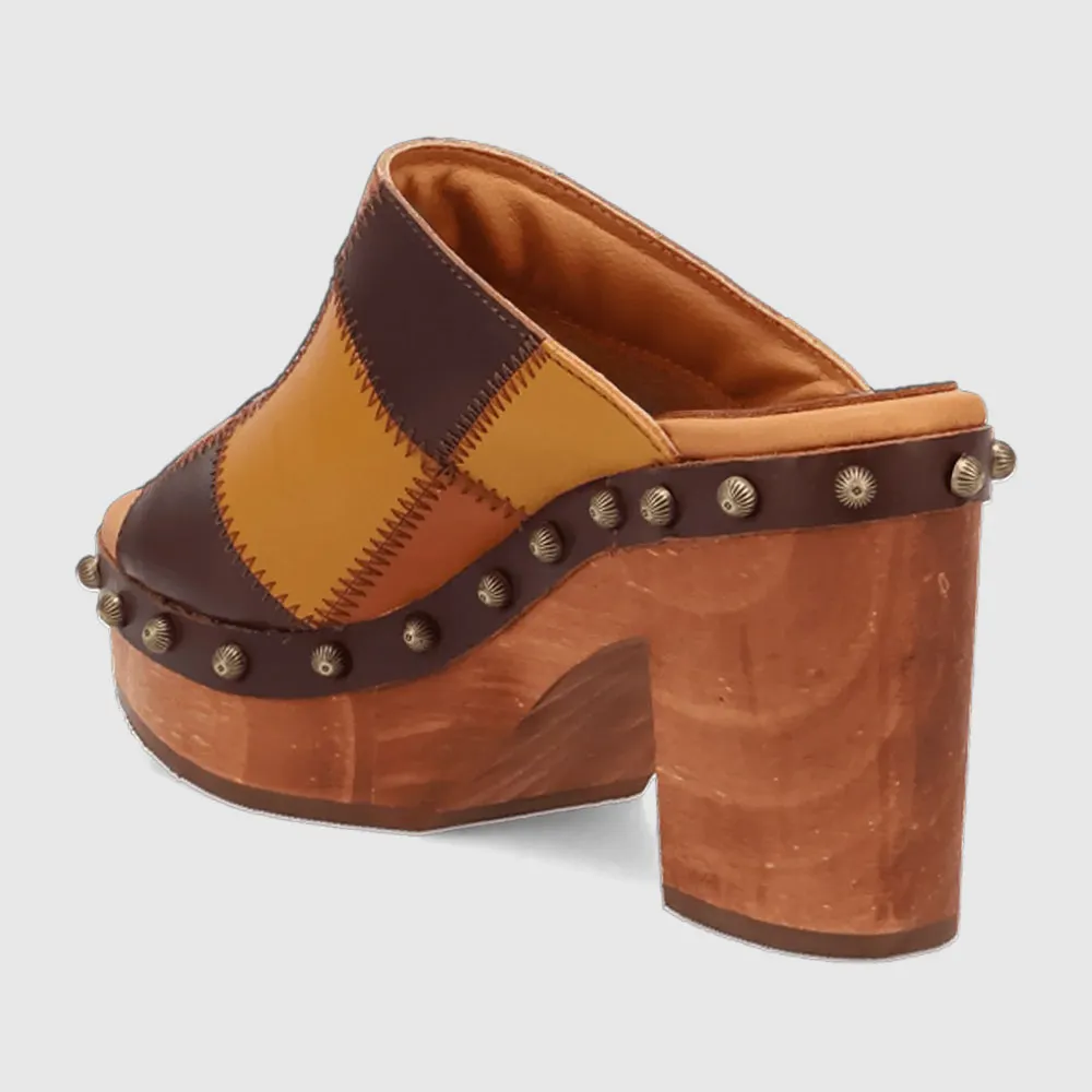 Multicolor Round Toe Stitching Studded Platform Color Block Mules