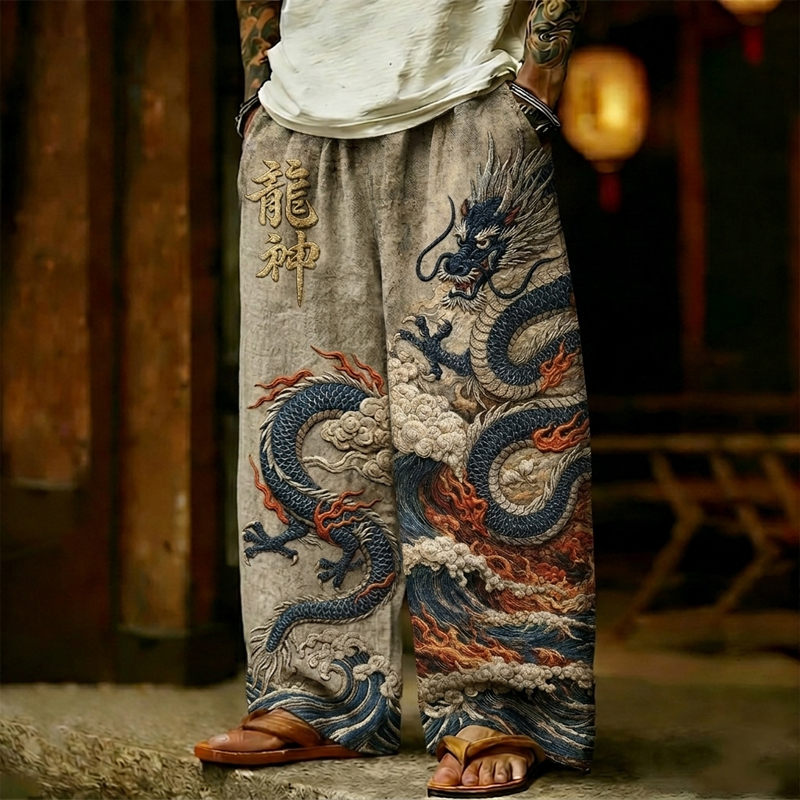 Men's Vintage Dragon Art Linen Blend Pants elevenforest