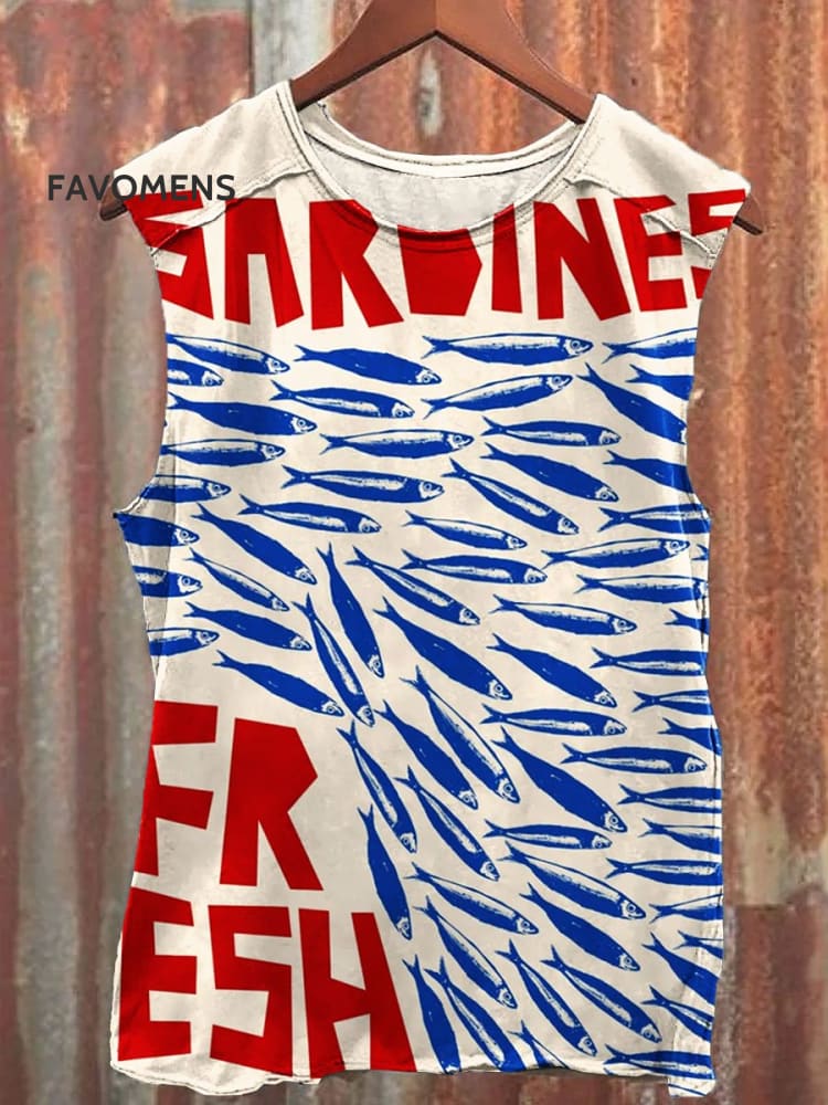 Vintage Fish Sardines Art Print 100% Cotton Casual Tank Top Multicolor / S