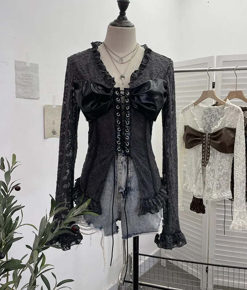 Uveng Real Shooting V Tie With Retro 2024 New Hottie Sexy Lace Splicing Pu Skin Hollow Shirt Top 6108