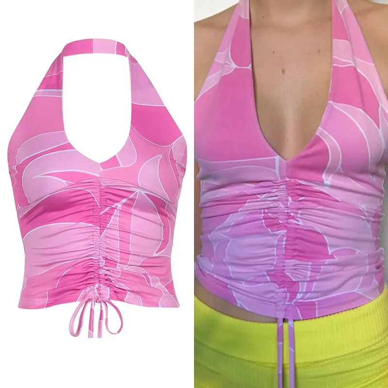 HEYounGIRL Summer Print Sleeveless Backless Tank Top Women V Neck Sexy Halter Crop Tops Tees Vintage Fashion Camisole Streetwear