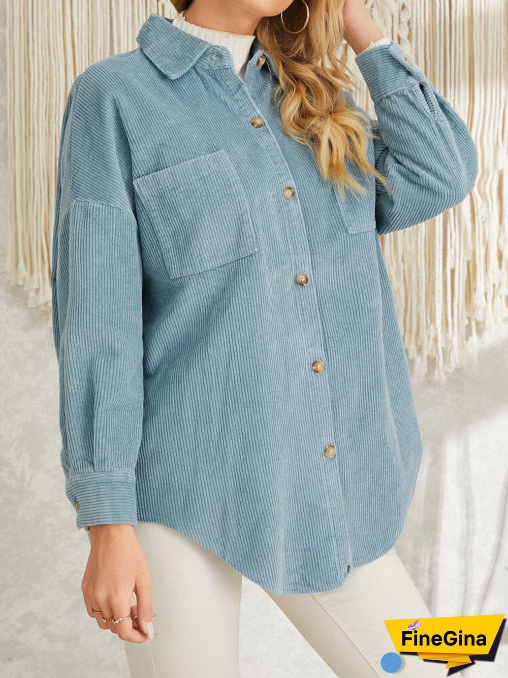 Corduroy Ribbed Solid Pocket Button Lapel Long Sleeve Jakcet