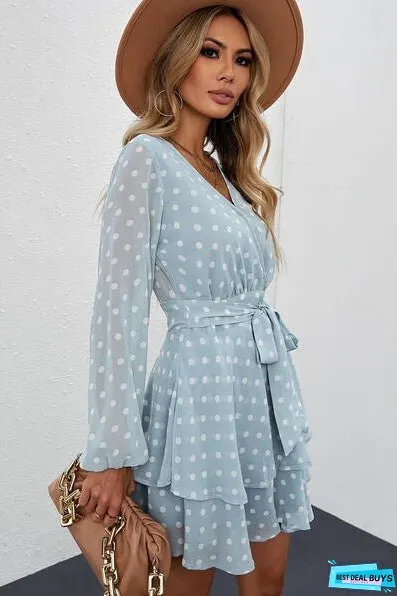 Tied Layered Polka Dot Balloon Sleeve Dress