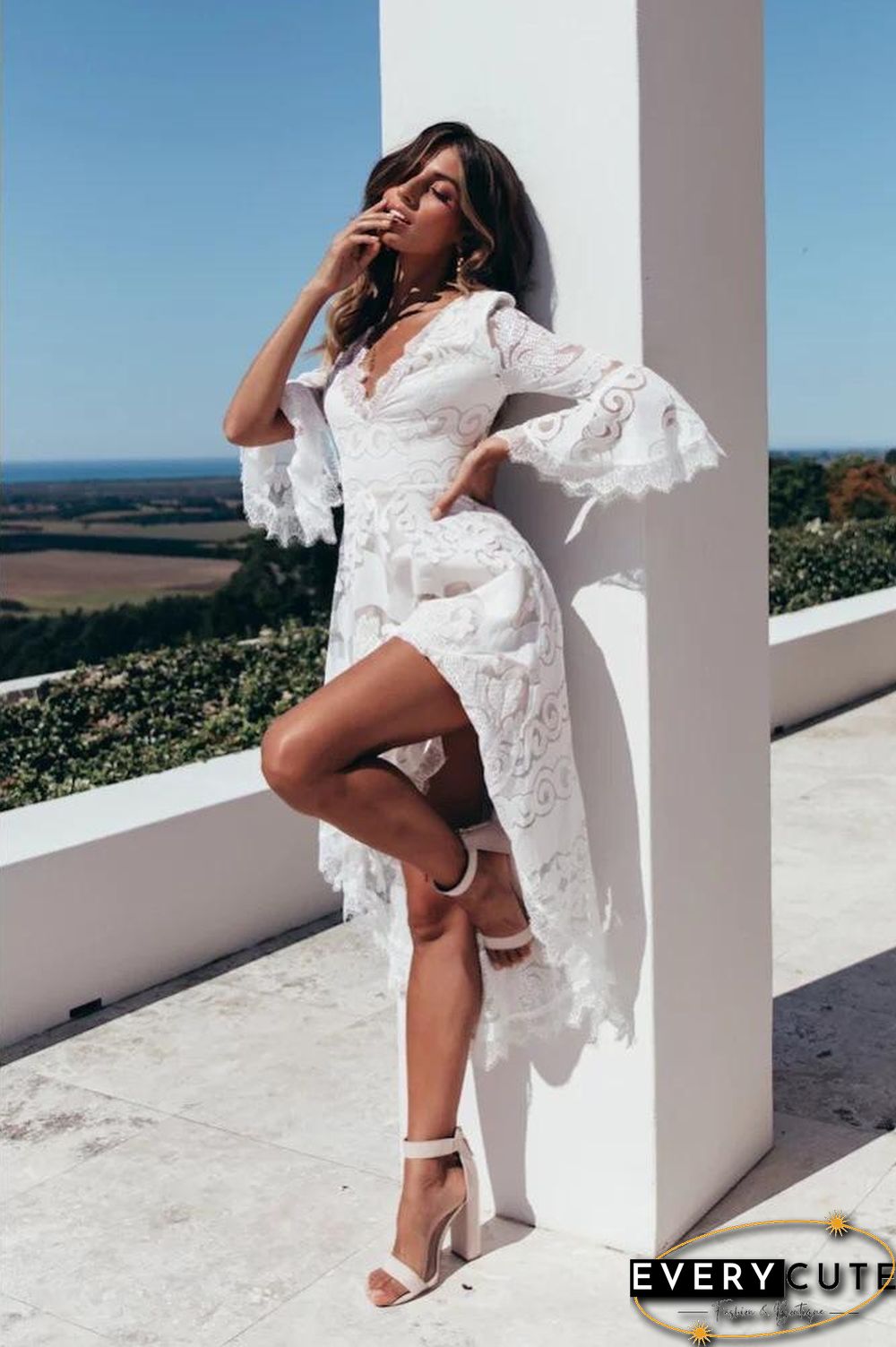 Deep V Neck Lace Hollow Pagoda Sleeve Dress