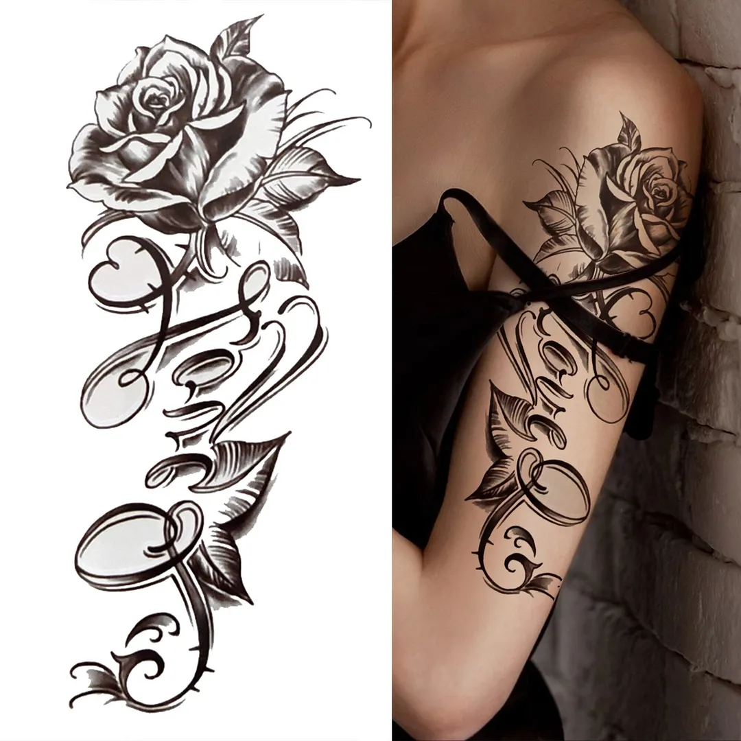 3D Snake Rose Temporary Tattoos For Women Girls Fake Flower Tattoo Sticker Black Death Eaters Dark Mark Mamba Snake Peony Tatoos 515-1