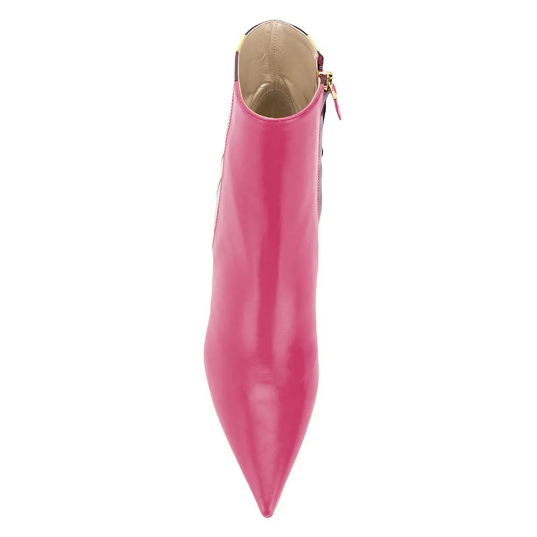 YDN Pointed Toe Zipper Kitten Heel Hot Pink Ankle Boots with Stripes