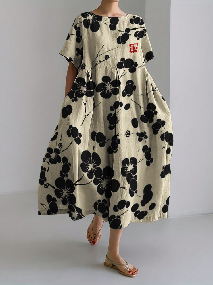 Cherry Blossom Japanese Lino Art Linen Blend Maxi Dress artswardrobe