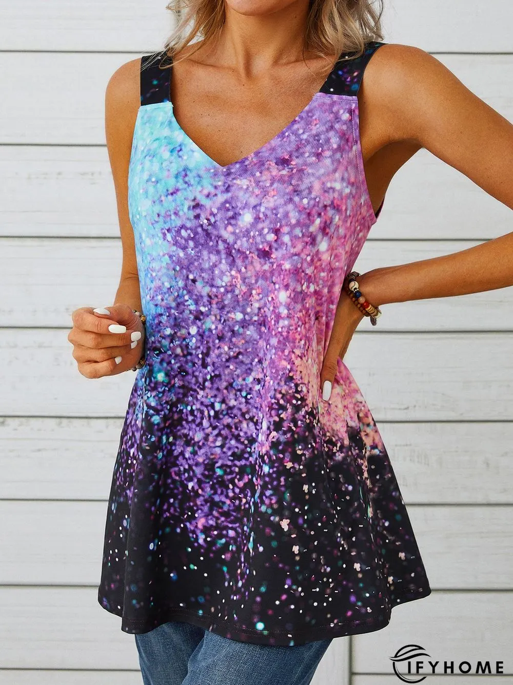 Casual Ombre Printed Loosen Spaghetti Tunic Knit Tank | IFYHOME