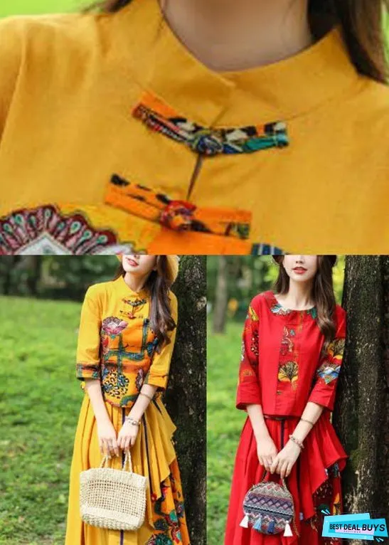Stylish Yellow O-Neck Print Top And Skirts Two Piece Set Fall