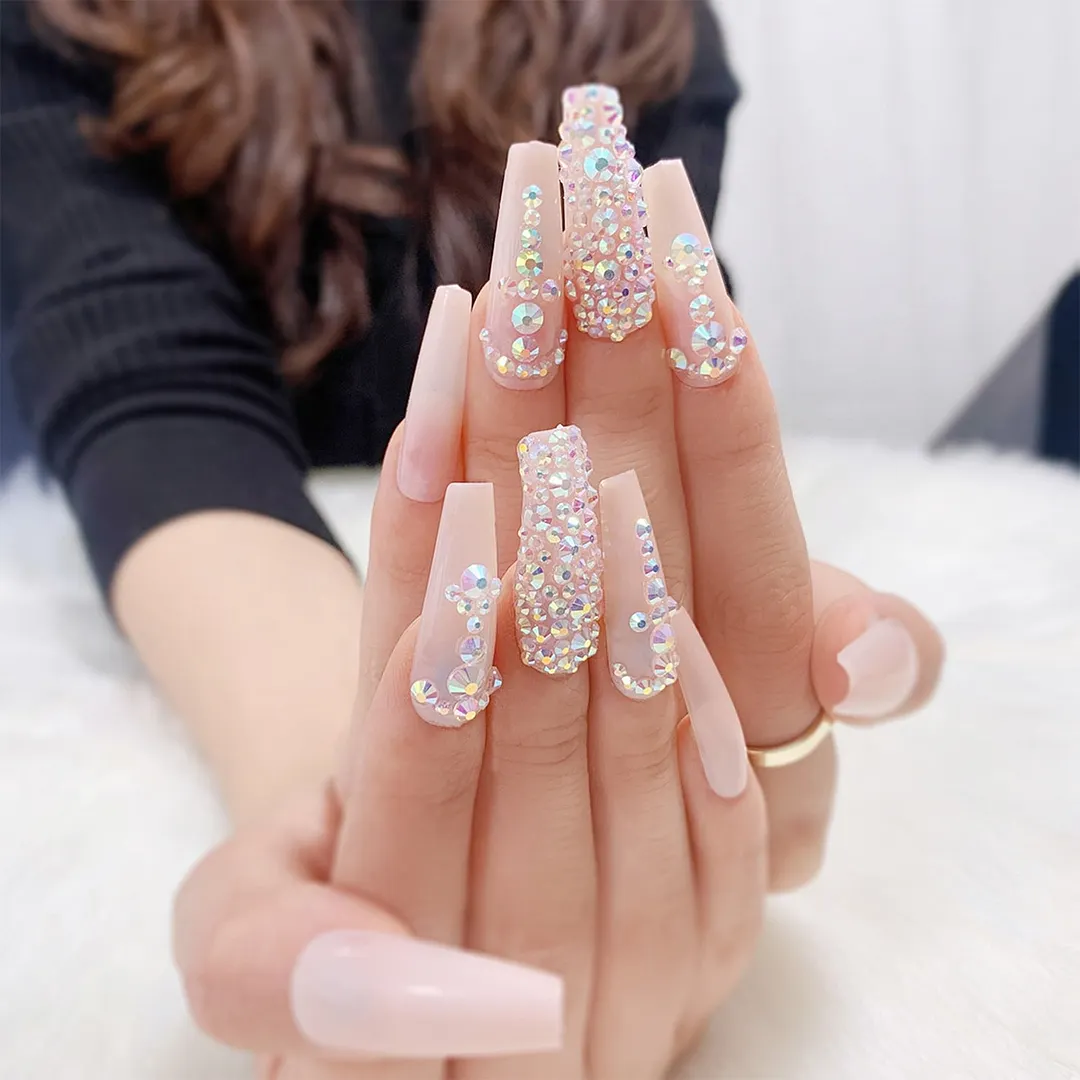 Luxury Fake Nails Designer Extra Long French Jewelry designed Nails Natural Stones Rhinestone Coffin False Nail Decoration Tips-Nail Inspo