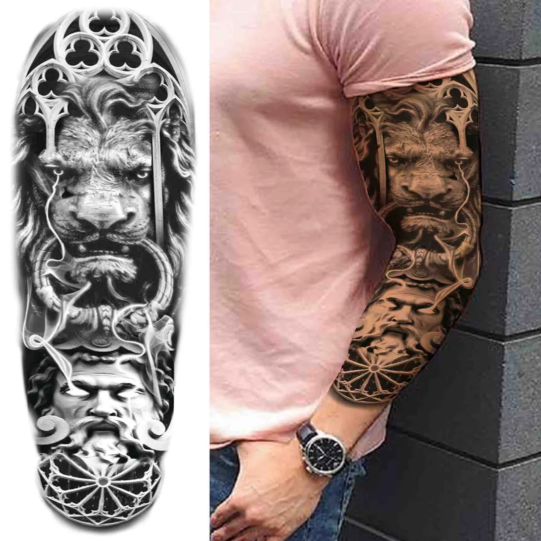 Sexy Girl Flower Temporary Tattoos For Women Men Black Lion Triangle Tattoo Sticker Fake Tribal Full Arm Sleeve Tatoos Paste 1108-1