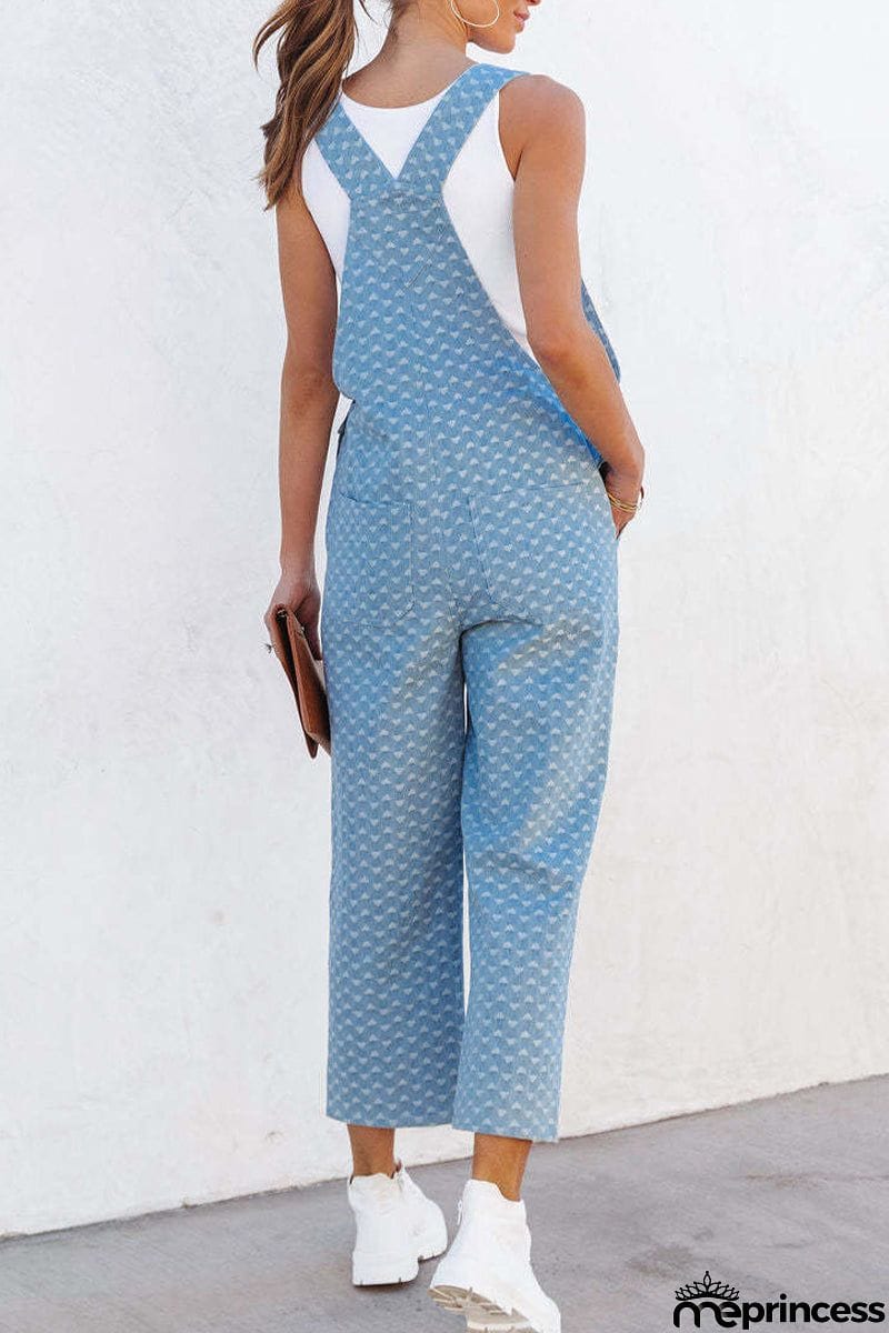 Casual Street Print Pocket Square Collar Sleeveless Loose Denim Jumpsuits