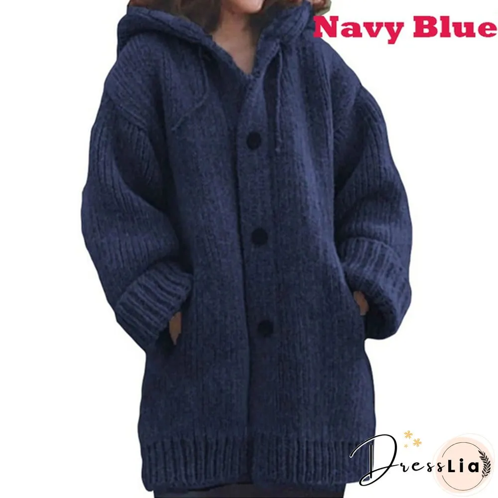 Women Fashion Mid-length Button Up Knitted Cardigan Jackets Ladies Casual Autumn and Winter Hooded Sweater Coats Strickjacke Damen