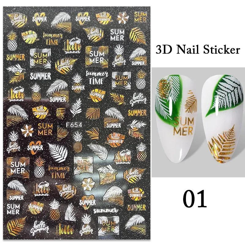 1PC iridescent Gold Black White 3D Nail Sticker Leaves Geometric Tropical Beach Decals DIY Slider Decoration Manicures-Nail Inspo