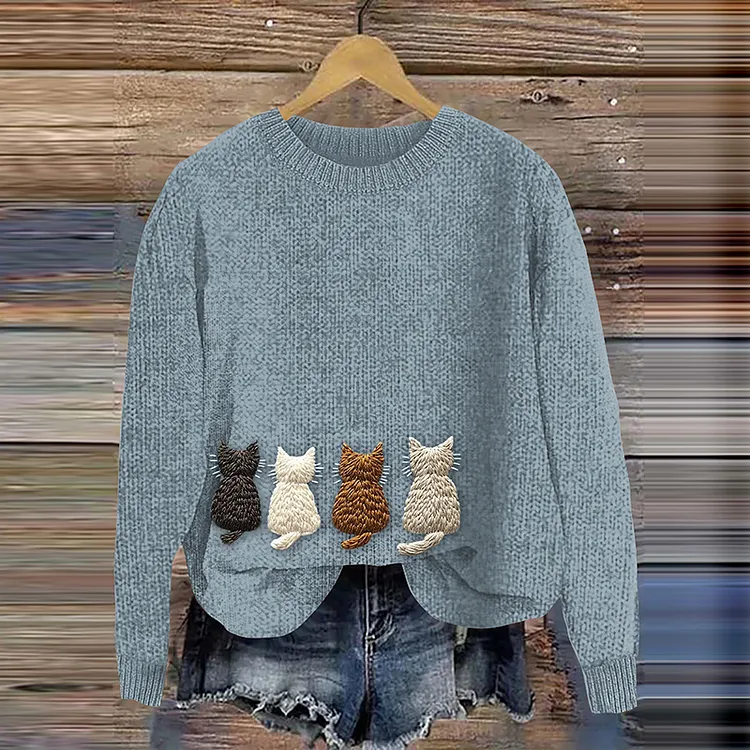 Women's Four Cats Silhouette Embroidery Art Cozy Sweater