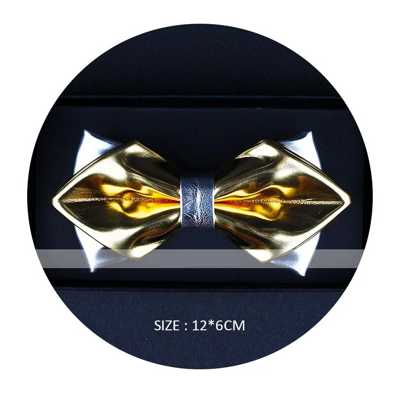 Exclusive Designer Fashionable Gold  Pu Leather Pointed Luxury Bow Tie Bright Nightclub Bowtie Gifts for Men Accessories