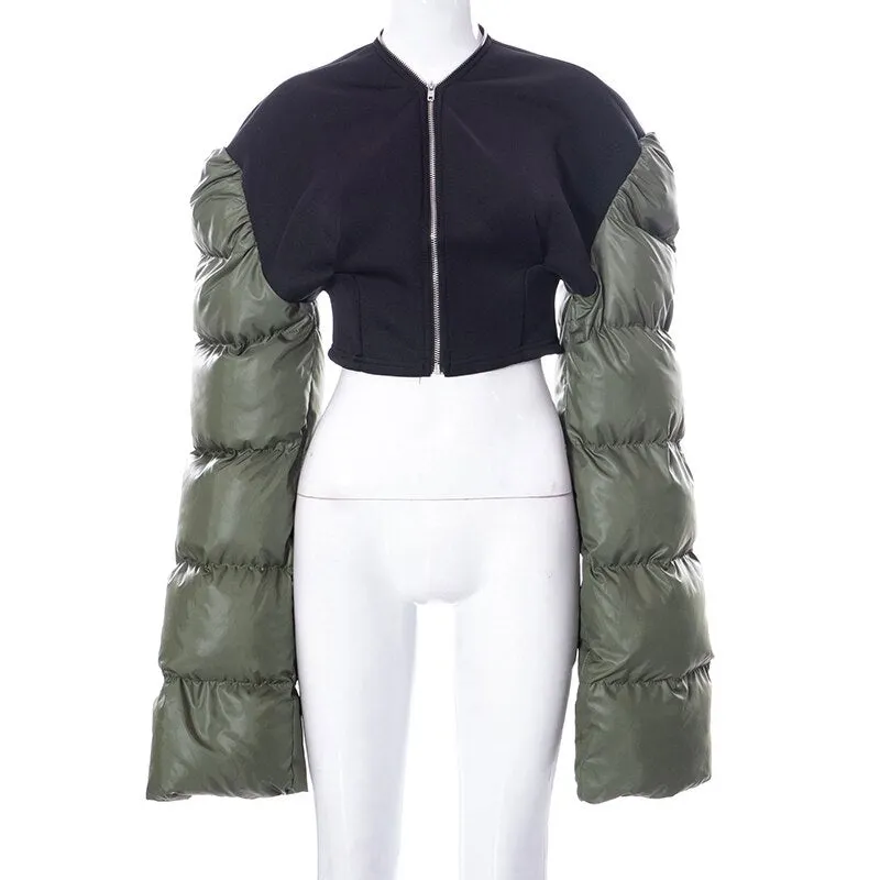Hugcitar Patchwork Down Coat Puffer Jacket Coats Extra Long Sleves Women Christmas Bubble Cropped Outerwear Warm Clothing