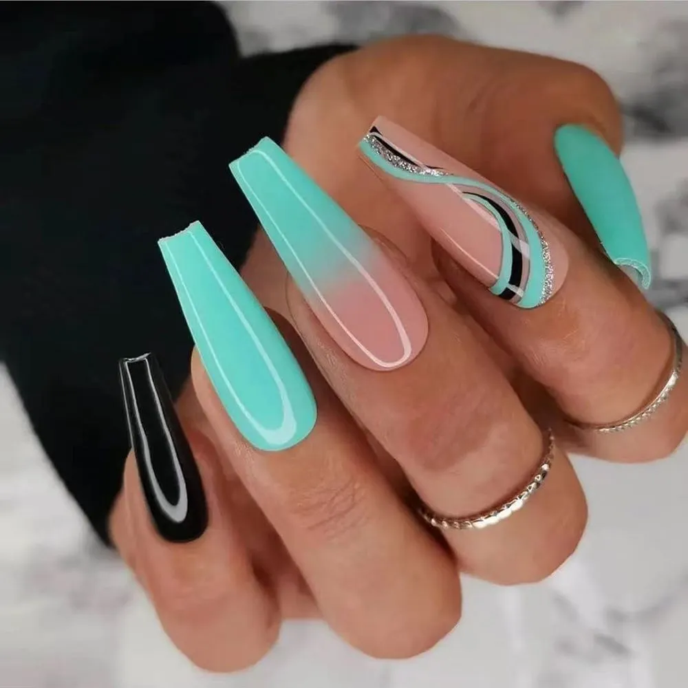 Detachable Marble Gradient Long Coffin False Nails Wearable Gold Foil Ballerina Fake Nails Full Cover Nail Tips Press On Nails