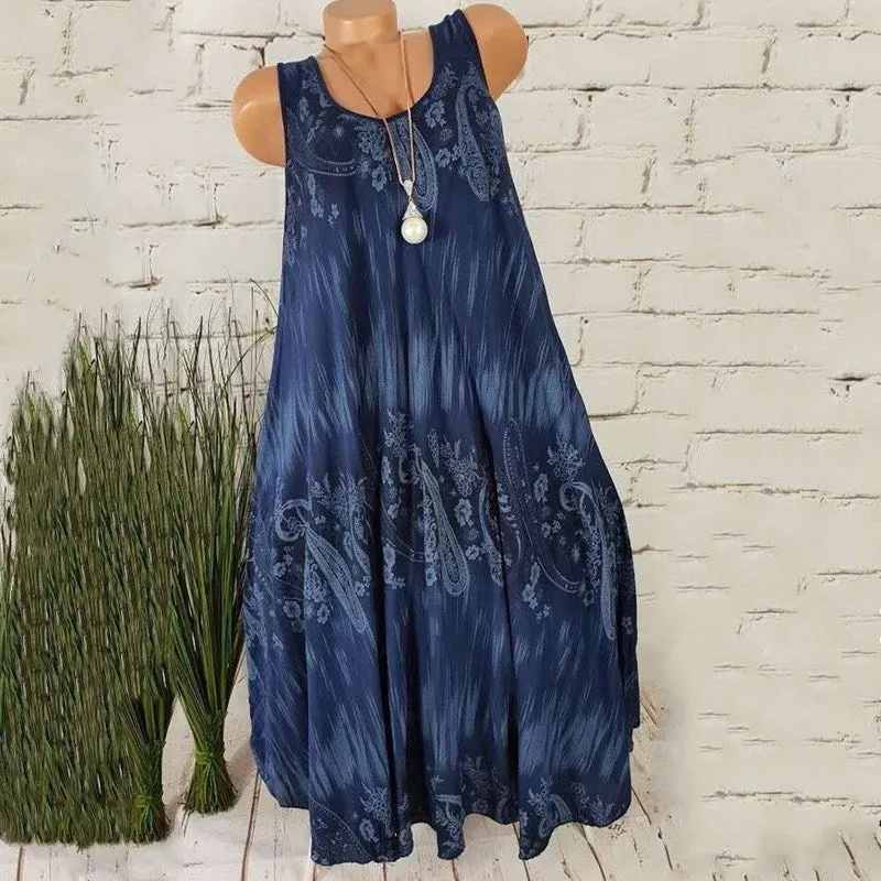 Brownm Temperament Commute Summer Digital Print Sleeveless Round Neck Dress