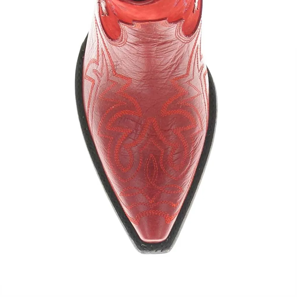 Red Faux Leather Snip Toe Zipper Star Embroidered Heeled Boots