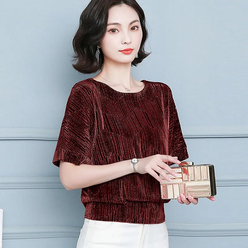 Women's Tunic Short Sleeve Shiny Tops Elegant OL Blouses with Sequins Fashion Glitter Shirts Summer Blouses Large Size 4XL 10127