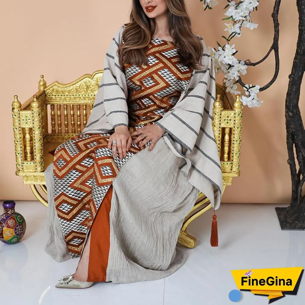 Pagoda Sleeve Striped Printed Maxi Dress