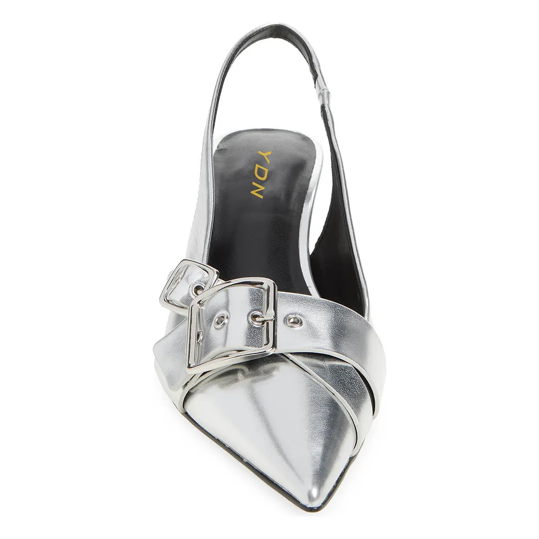 Silver Buckle Strap Pointed Toe Slingback Pumps with Kitten Heel
