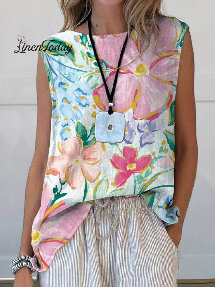 Women&rsquo;s Lovely Floral Art Print Casual Cotton And Linen Tank Top Multicolor / S