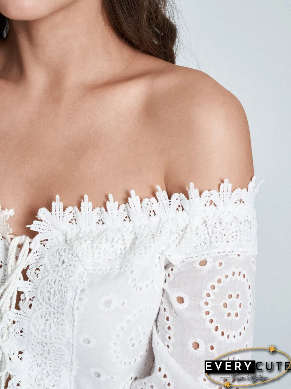 Lace Trim Panel Off Shoulder Tie Front Overlay Dress