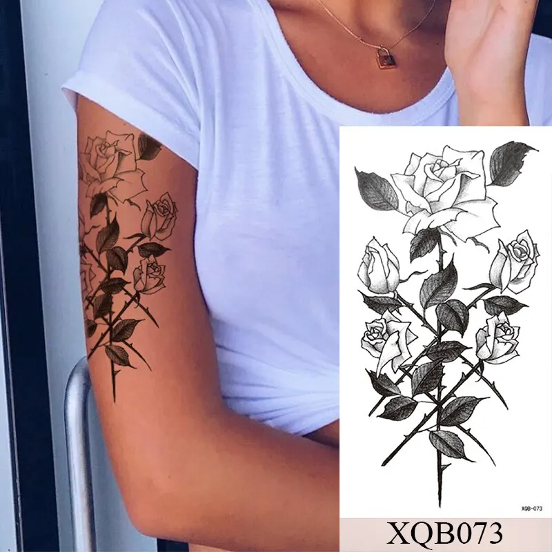 Waterproof Temporary Tattoo Sticker Old School Rose Lotus Flash Tattoos Flower Lace Body Art Arm Fake Tatoo Women Men