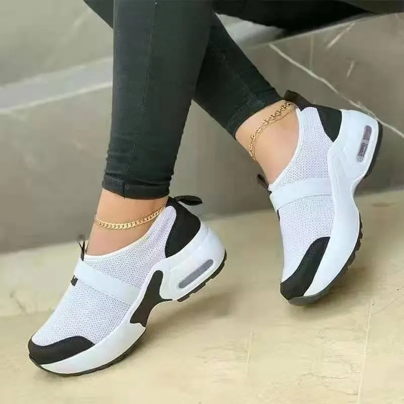 Women's Casual Shoes Solid Color Knitted Mesh Air Cushion Sneakers Comfortable and Lightweight Outdoor Non-slip Running Shoes