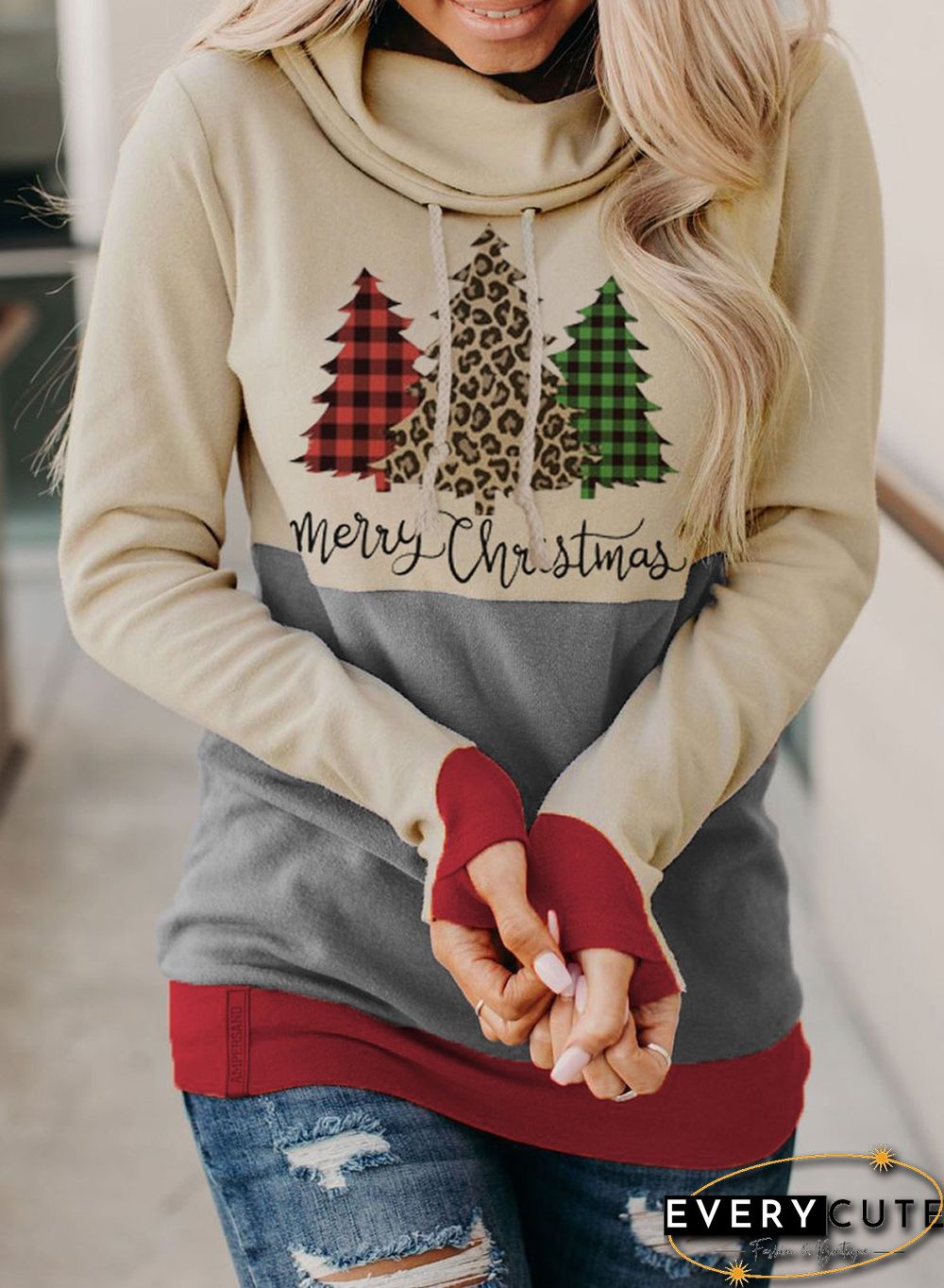 Pile Neck Printed Long Sleeve Top