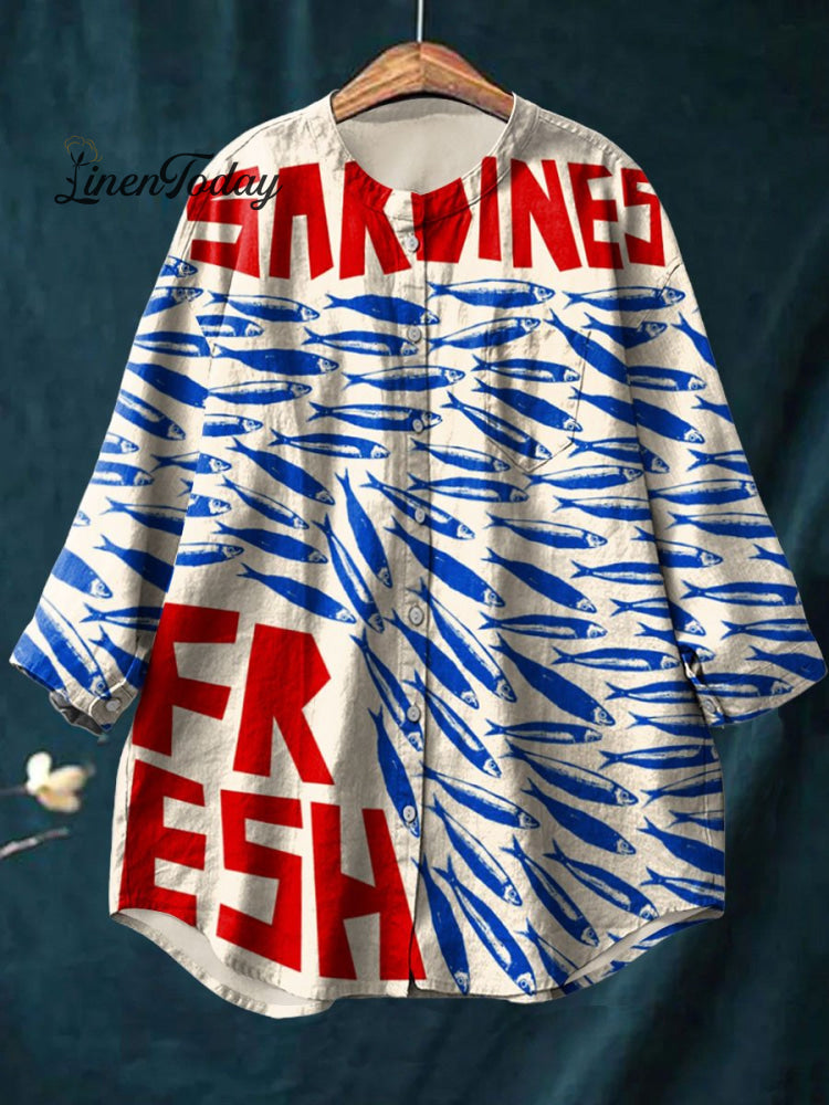 Women&rsquo;s Vintage Fish Sardines Art Print Casual Cotton And Linen Shirt Multicolor / S