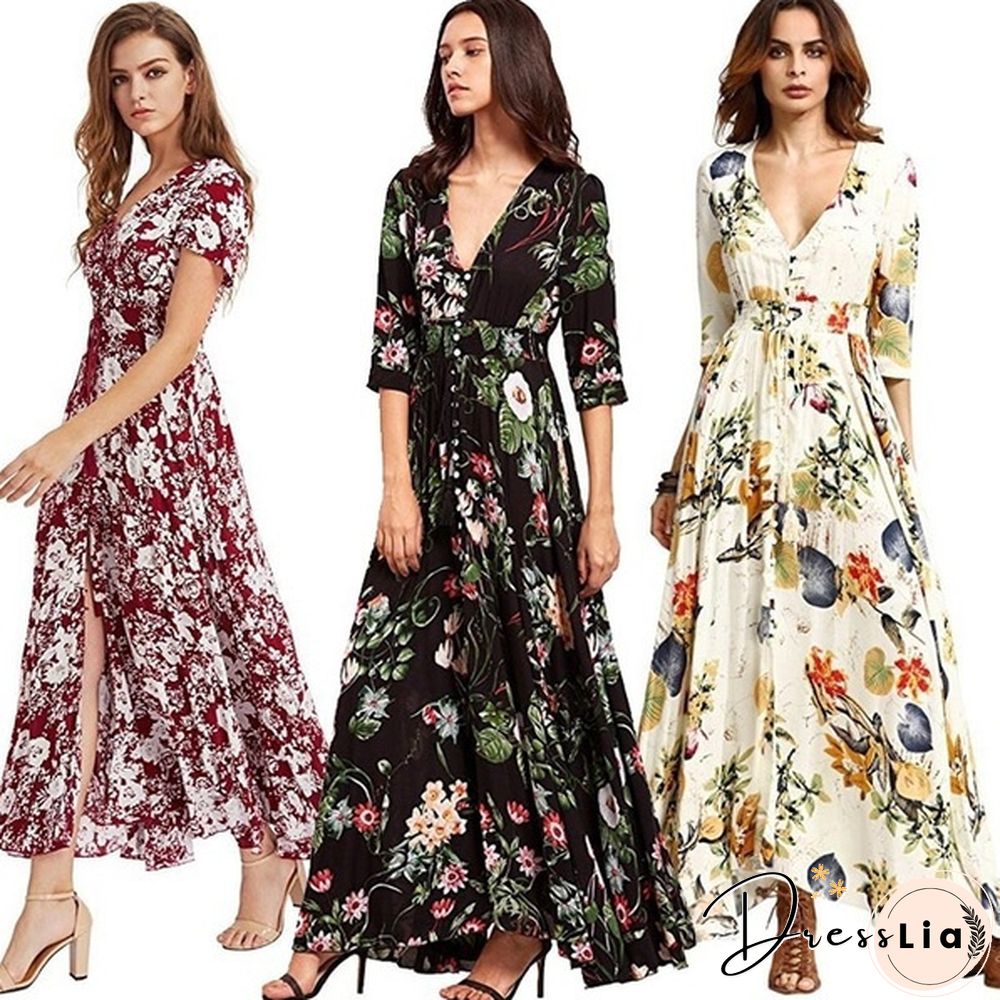 Summer Fashion Womens Bohemian V Neck Print Big Swing Long Dress Plus Size