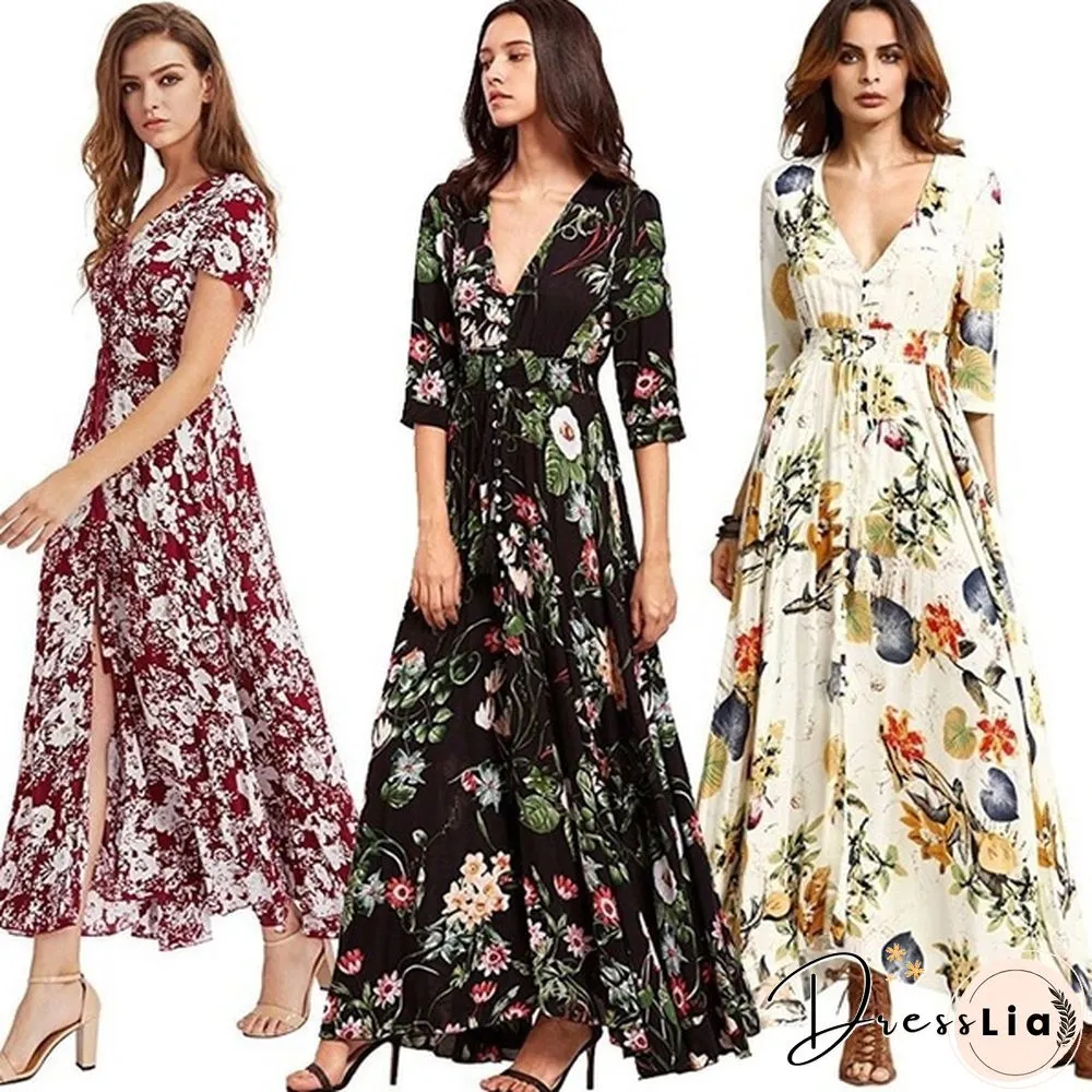 Summer Fashion Womens Bohemian V Neck Print Big Swing Long Dress Plus Size