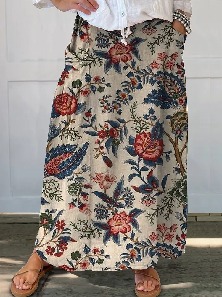 Women's  Floral Print Linen Pocket Skirt