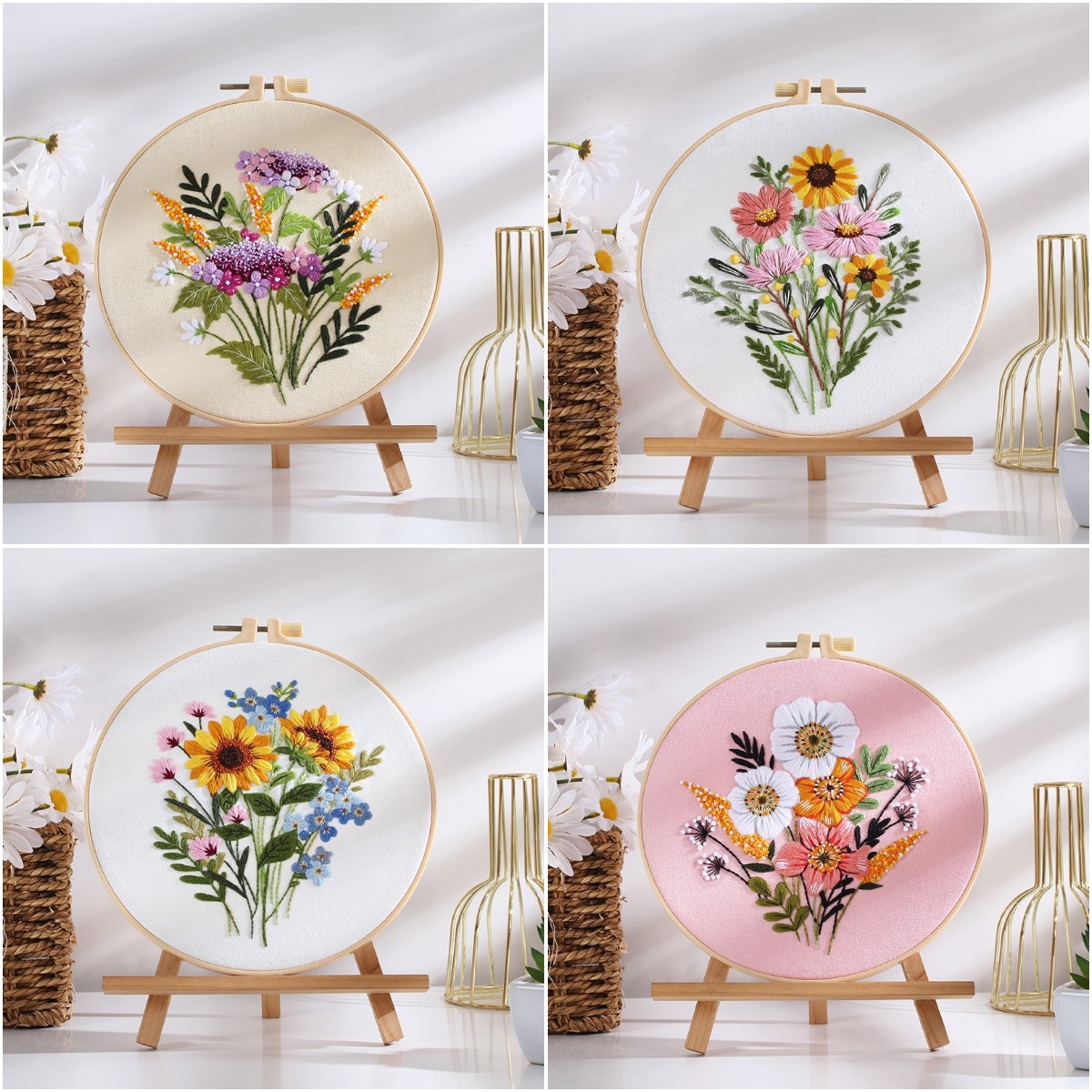 Floral embroidery kit featuring colorful flowers in embroidery hoops