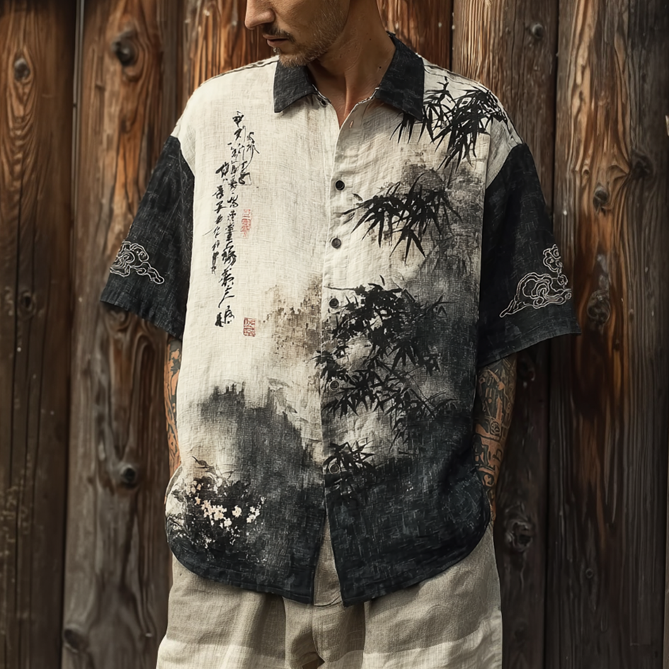 Japanese Art Retro Ink Painting Design Pattern Men's Casual Linen Short-sleeve Shirt elevenforest